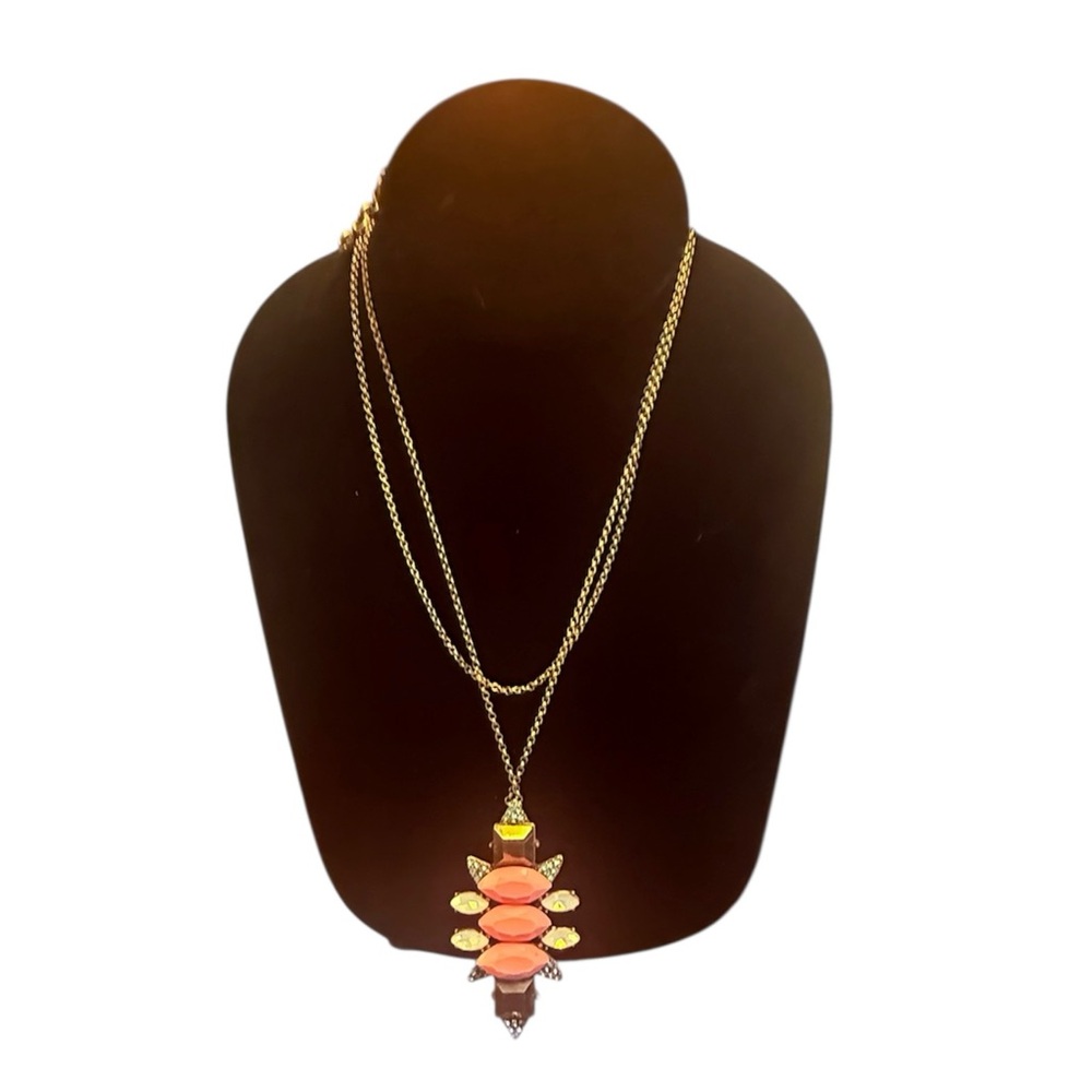 Vintage J. Crew Gold Chain w/ Pink Green Art Deco Pendant Necklace 34” - Picture 1 of 11